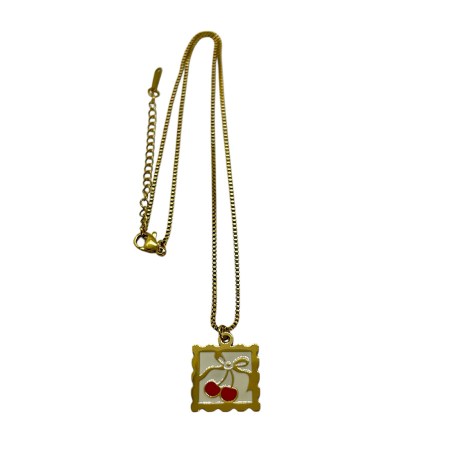 necklace steel gold square with cherries1